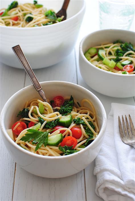 Add salt, pepper, 1/4 cup olive oil and vinegar. Summer Spaghetti Salad | Bev Cooks