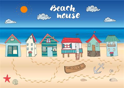 Beach Huts And Bungalows Hand Drawn Outline Color Doodle Set With Light