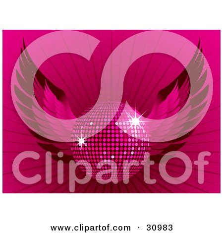 Clipart Illustration Of A Sparkling Winged Pink Disco Ball Over A