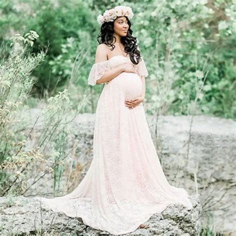 Envsoll Maternity Photography Props Pregnant Dress Lace Robe Off Shoulder Ruffles Fancy Maxi