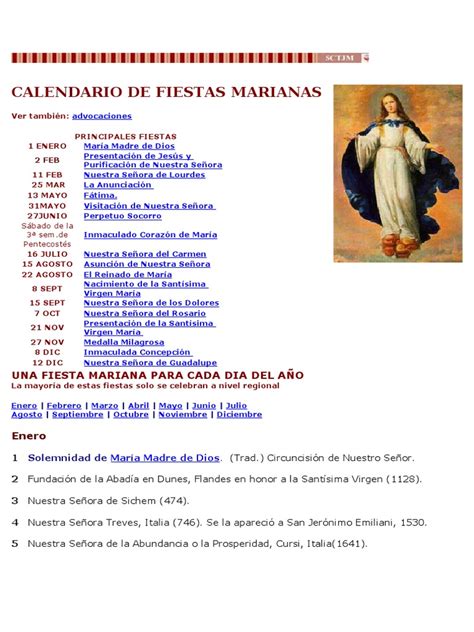Calendario De Fiestas Marianas Pdf María Madre De Jesús Santos
