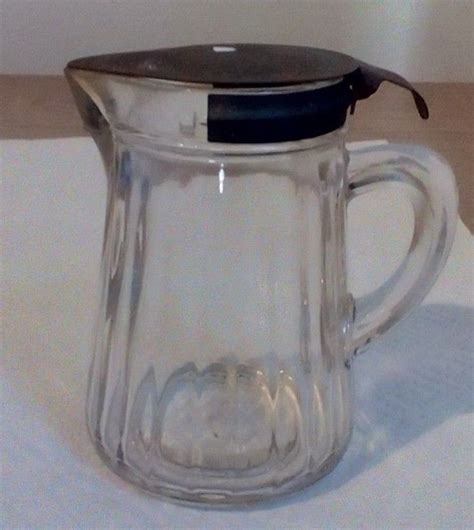 Vintage Mid Century Glass Creamer Syrup Dispenser With 1 Hinged Metal Lid Mid Century Glass