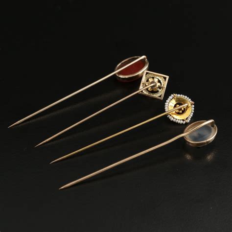 Collection Of Vintage 10k Gold Stick Pin With Cameo And Diamond Pins Ebth