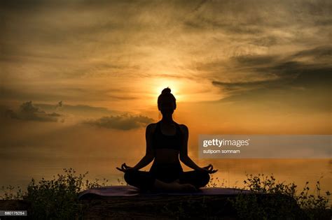 Yoga Silhouette Woman Sitting Area Meditating High Res Stock Photo