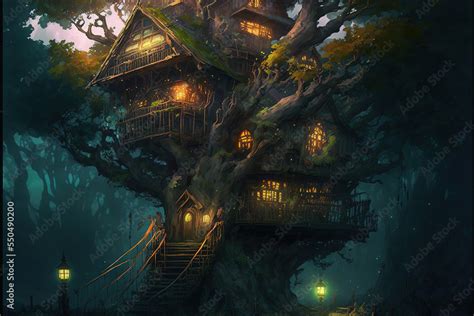 Fantasy Tree House Concept Art Generated By Ai Stock Illustration