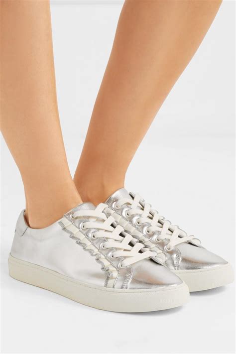 Tory Burch Womens Ruffled Metallic Leather Sneakers Silver Silver