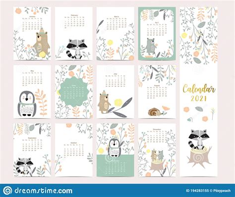 Cute Woodland Calendar 2021 With Bear Skunk Penguin Leaves For