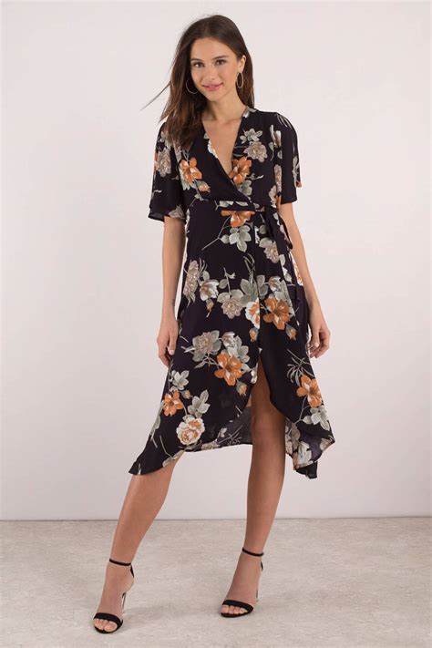 Sexy Black Midi Dress Wrap Dress Short Sleeve Dress Floral Print