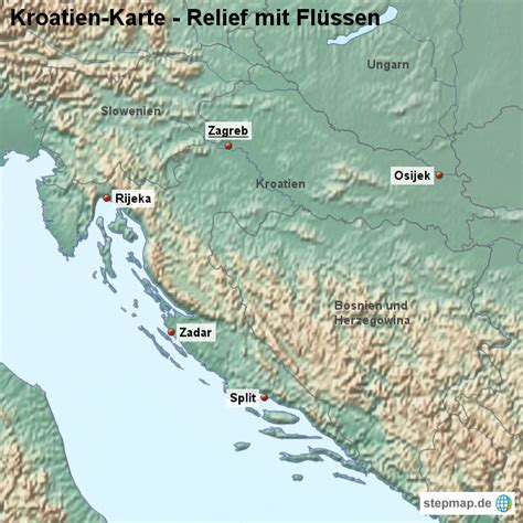 StepMap Landkarte Kroatien Karte mit Relief und Flüssen Landkarte