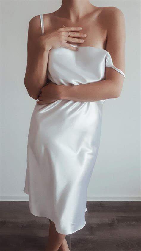 Silk Satin Midi Dress White Cowl Neck Slip Dress Boudoir Dress In