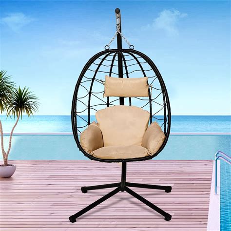 Wicker Hanging Egg Chair Outdoor Patio Furniture With Beige Cushion