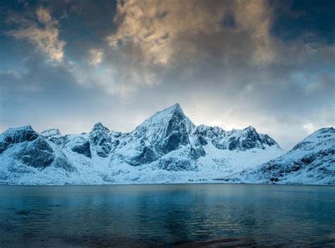 Panorama Of Snow Covered Mountains In Norway Lofoten Islands Stock