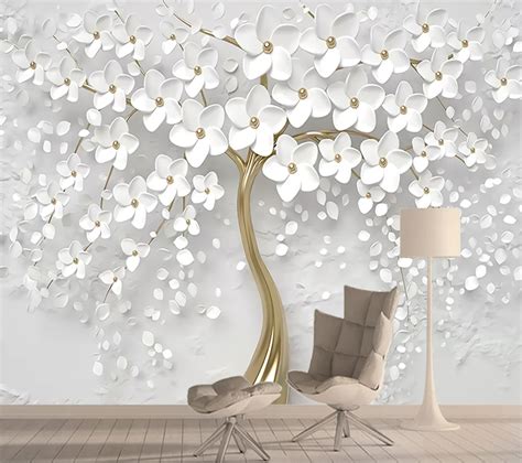 White Flower Tree Mural Wallpaper