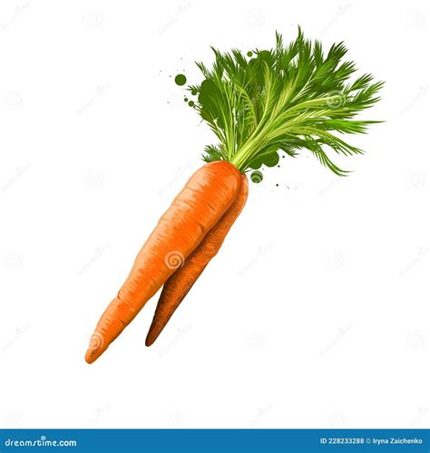 Carrot Root Vegetable With Green Leaves Isolated On White Digital Art