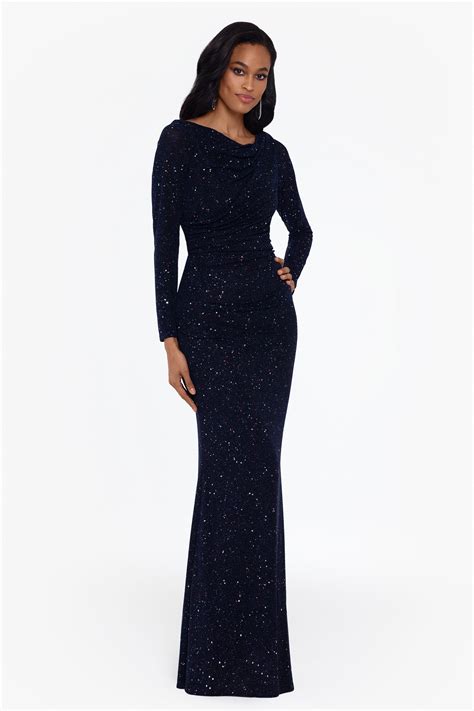 cara long sleeve metallic knit ruched gown long sleeve dress formal long sleeve black sequin