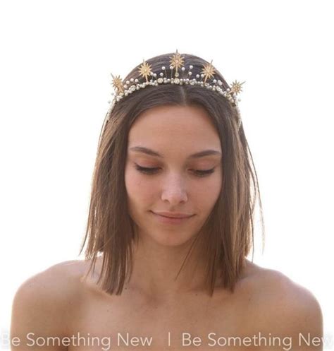 gold star celestial wedding crown rhinestone and pearl headpiece metal star headband boho wired