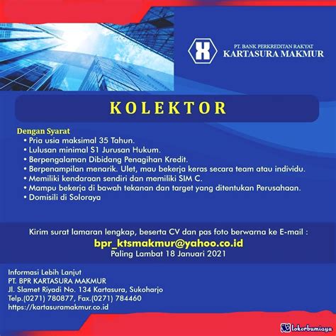 Bila info pekerjaan wilayah sukoharjo ini sobat rasa bermanfaat mohon kiranya. Lowongan Kerja Sebagai Kolektor Januari 2021