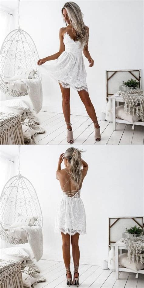 A Line Spaghetti Straps Short White Lace Homecoming Dress White Lace Summer Dress White