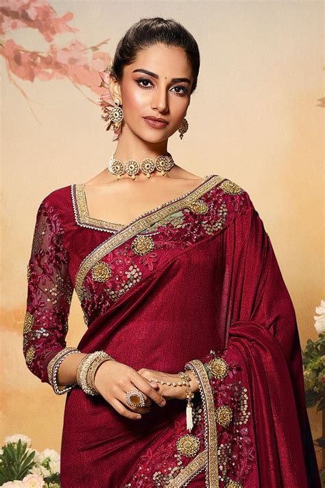 Buy Maroon Silk Designer Saree With Embroidery Online Like A Diva