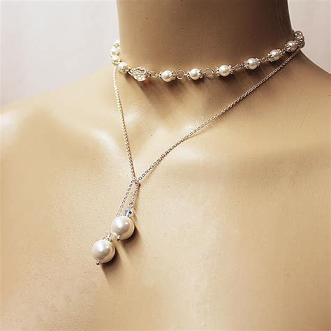 Pearl Lariat Sterling Silver Crystal Open Necklace