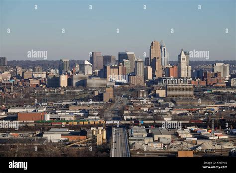 Elevated Daytime View Of Downtown Cincinnati Ohio Buildings Roadways