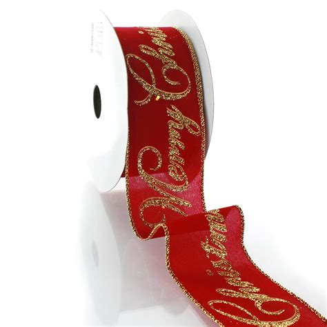 Ribbon Traditions Gold Glitter Merry Christmas Red Wired Ribbon 2 12
