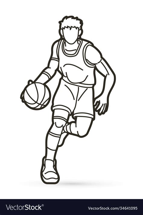 Basketball Player Action Cartoon Outline Graphic Vector Image
