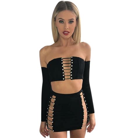 sexy suede off shoulder long sleeve hollow top crop mini skirt women dress suit in women s sets