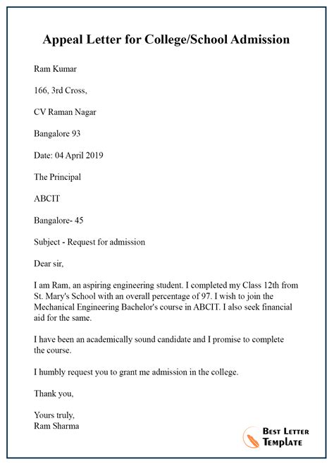 Appeal Letter For College Template Format Sample Example