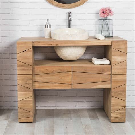 Meuble sdb 2 portes 2 niches en teck grisé maestro. Meuble sous vasque (simple vasque) en bois (teck) massif ...