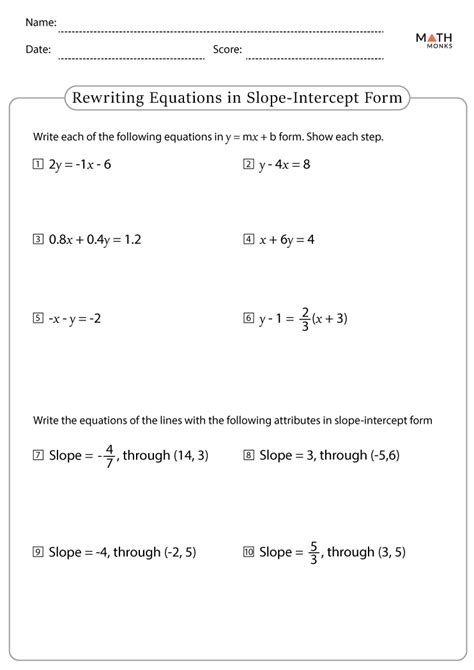 Slope intercept form worksheets with answer key
