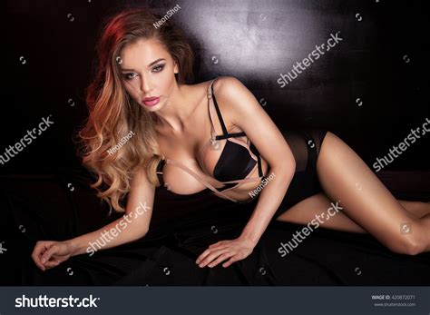 Sensual Beautiful Woman Wearing Black Lingerie Stock Photo