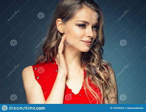 Woman In Red Dress With Long Blonde Hair Stock Photo Image Of Model