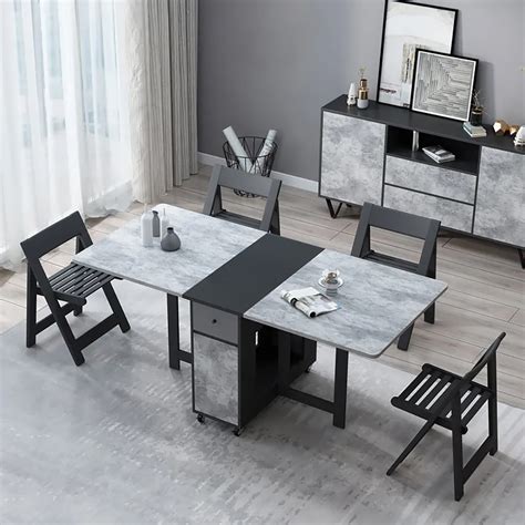 Black And Grey Rectangle Wood Drop Leaf Folding Dining Table Set With