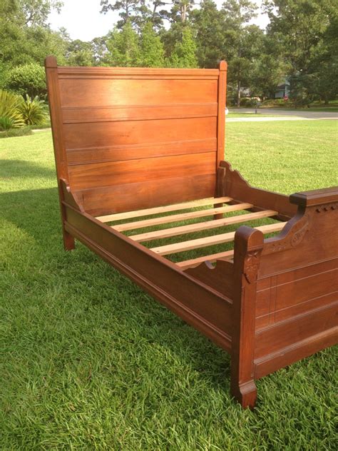 Antique Vintage Carved High Back Wood Bed With Headboard