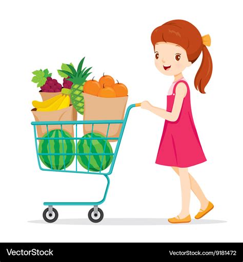 Girl Pushing Shopping Cart With A Lot Of Fruits Vector Image