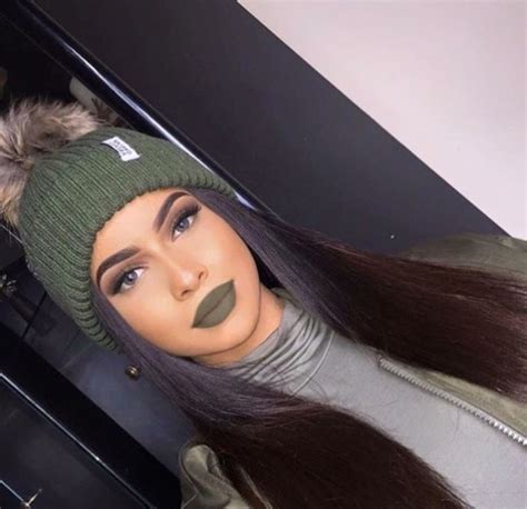 Hat Olive Green Beanie Make Up Lipstick Lip Gloss Lips Face