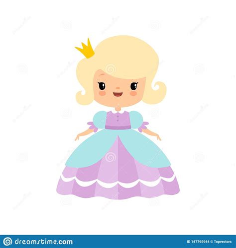Cute Blonde Little Fairytale Princess In Beautiful Dress Cartoon Vector