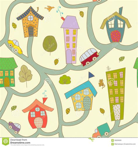 Cartoon City Seamless Pattern Stock Vector Illustration