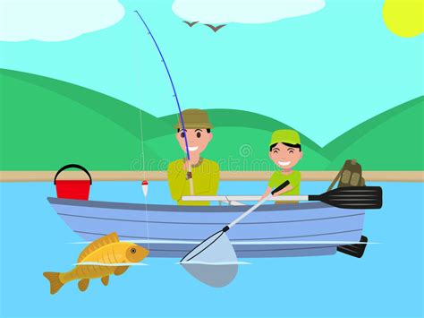 Vector Cartoon Father Son Together Fishing Boat Stock