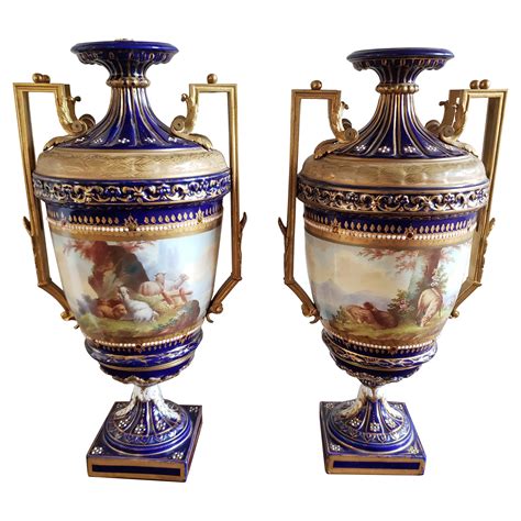 Pair Of Royal Dux Hand Painted Cobalt And Gilt Mantle Urns At Stdibs
