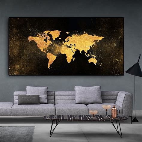 Abstract Black Gold World Map Canvas Painting Wall Art