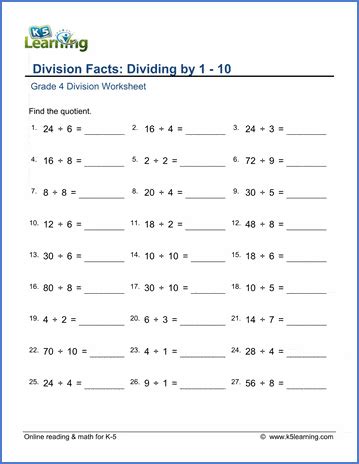 We did not find results for: Grade 4 Division Facts Worksheets: Dividing by 1-10 | K5 ...