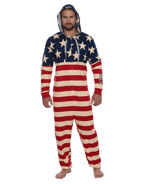 Prestigez Prestigez Mens Union Suit Usa Flag Adult Hooded Pajama