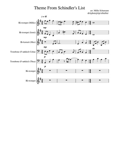 2 trumpets, hor… (4420) trumpet (2277) concert band (2107) jazz ensemble (1975) trumpet, piano (1366) choral satb (1186) brass ensemble (1135) marching. Schindlers Liste 5 Stemmer Sheet music for Trumpet, Trombone | Download free in PDF or MIDI ...