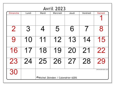 Calendrier Avril 2023 à Imprimer “62ds” Michel Zbinden Fr