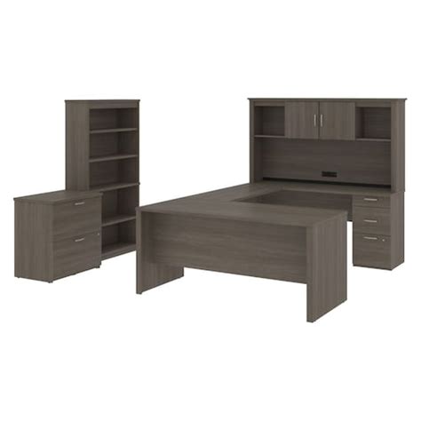 Bestar I3 Plus L Desk With Two Drawers In Bark Gray The Home Depot Canada