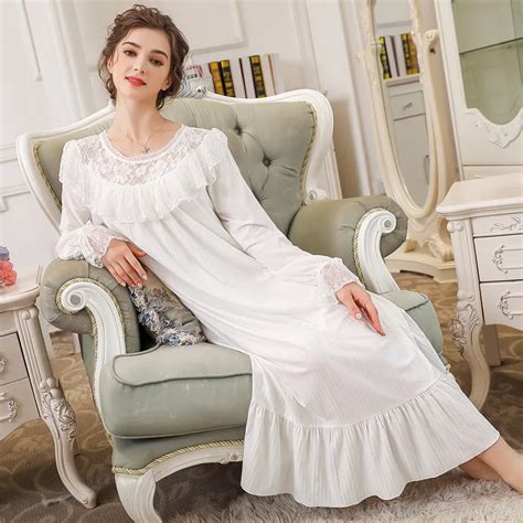 2019 victorian wedding dress for women spring sleepwear long sleeve pink lace nightgown cotton