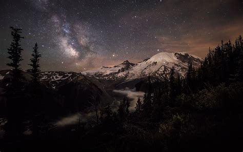 Nature Landscape Starry Night Mountain Cityscape Mist Snowy Peak Lights