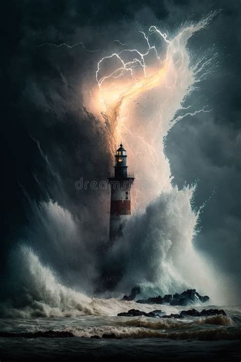 Closeup Of A Weathered Lighthouse A Massive Splash An Explosion Of